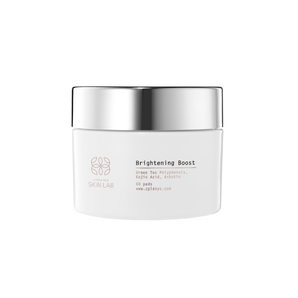 The image shows a jar of Brightening Boost skincare product with a white label against a dark background.