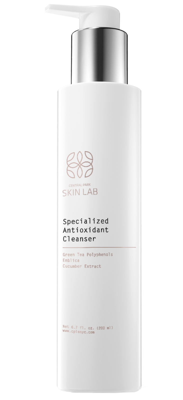 An image of a tall, clear bottle with a pump dispenser containing a liquid, labeled SKIN LAB SPECIALIZED CLEANSER, set against a white background.