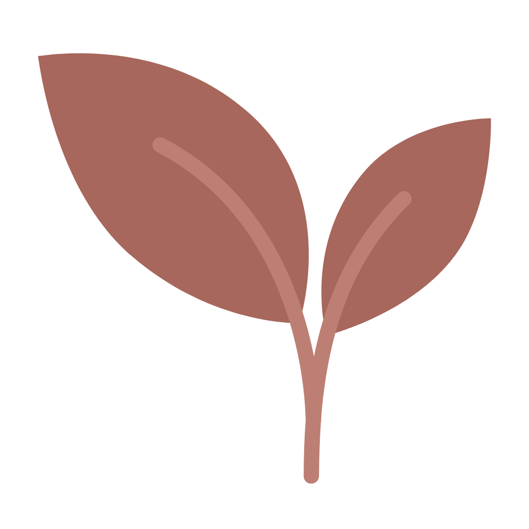 The image is a simple graphic of a stylized leaf with a brown stem, set against a black background.