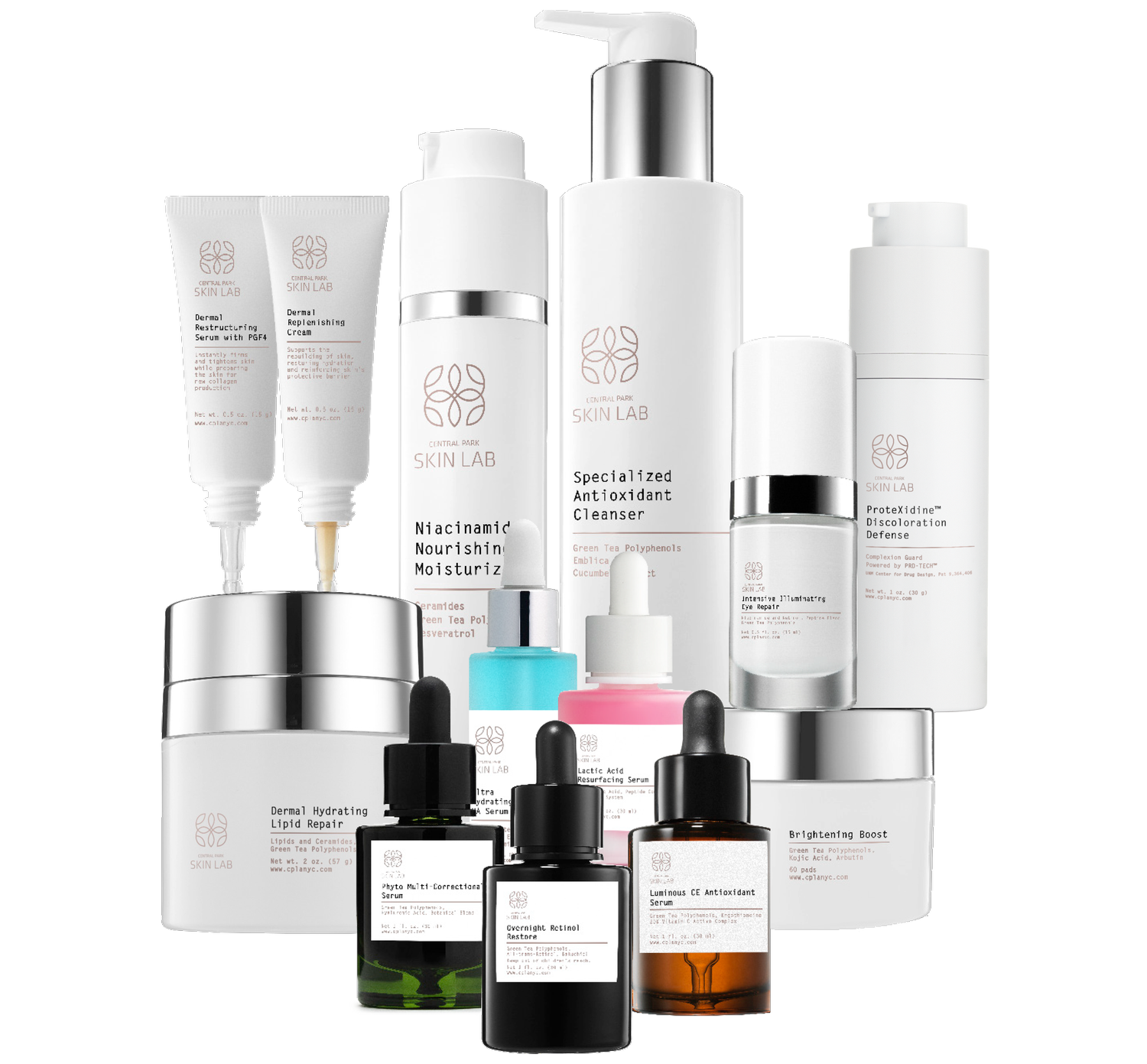 This image features a collection of skincare products displayed against a white background, including various bottles with labels such as SUNLAB and SPECIALIZED ANTI-AGING, along with jars, tubes, and other containers typically used for beauty and skincare items.