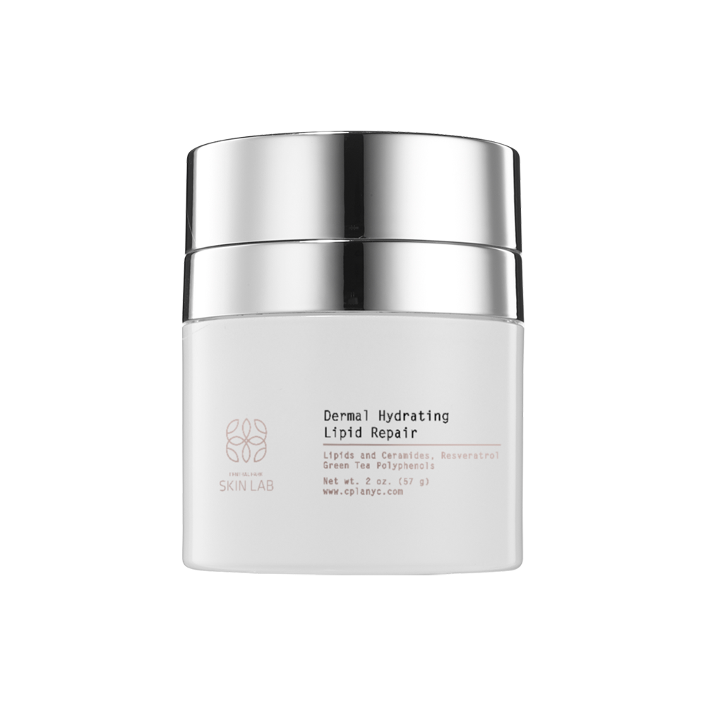 A product with a silver lid, featuring text that reads DERMAL HYDRATING LIPID REPAIR, displayed on a clear background.