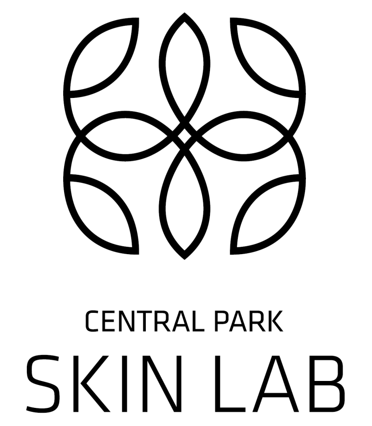 A logo featuring a stylized flower design with a central circular pattern and a modern typeface underneath the graphic, with text reading CENTRAL PARK SKIN LAB.