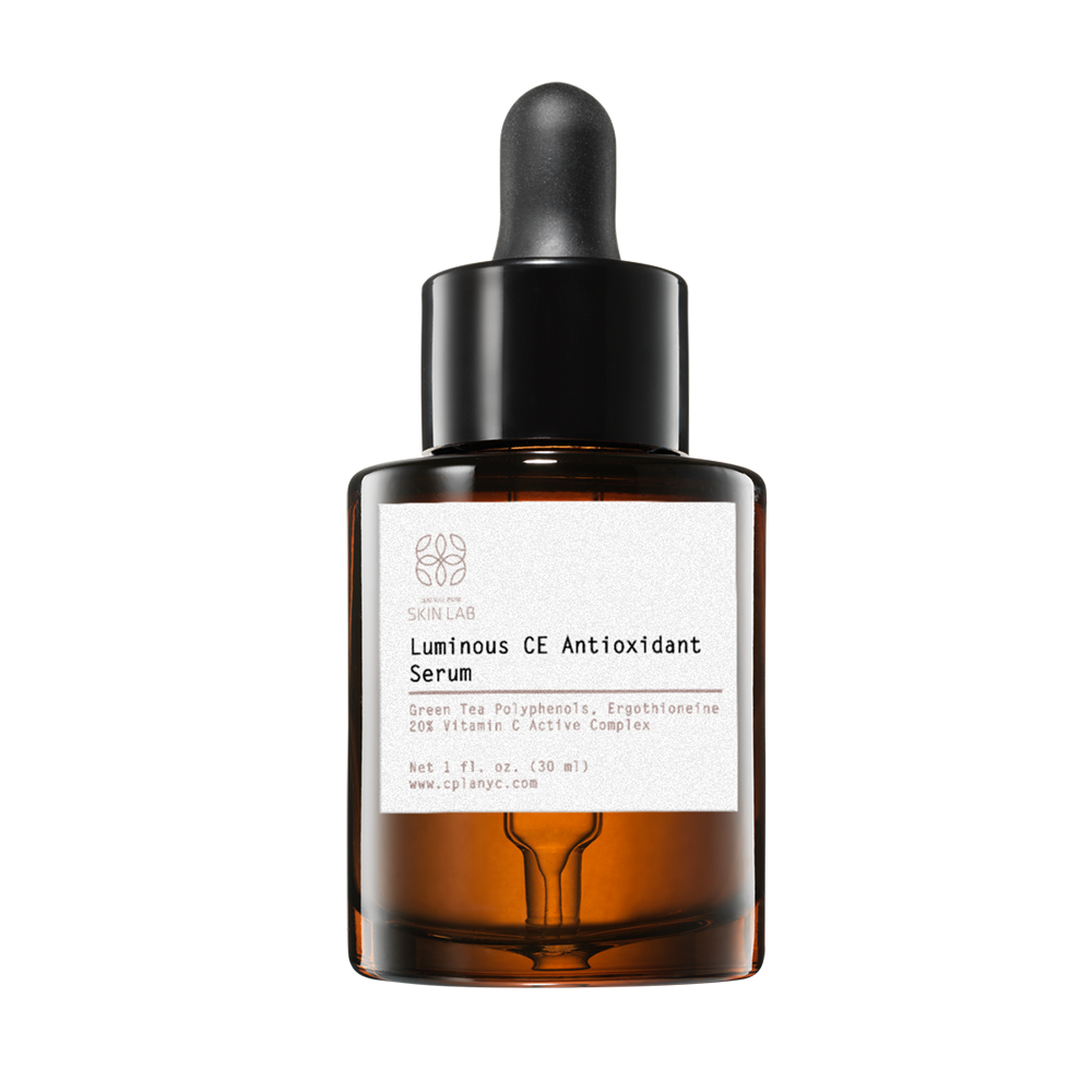 The image shows a bottle of Luminos Antioxidant skincare product with a dropper, placed against a white background.