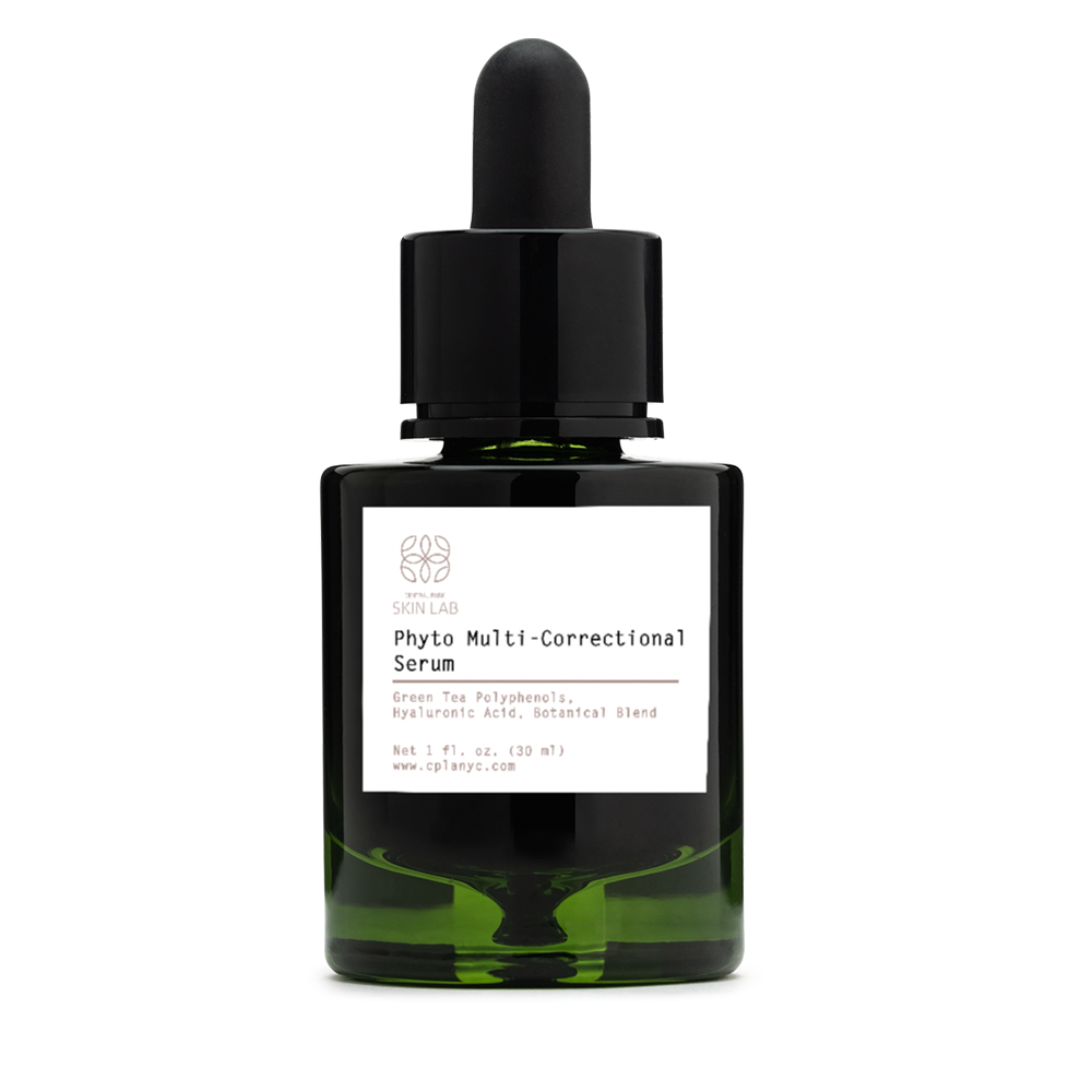 The image shows a bottle of Phytomulti Corrections Serum with a green dropper, placed on a white surface against a light background.